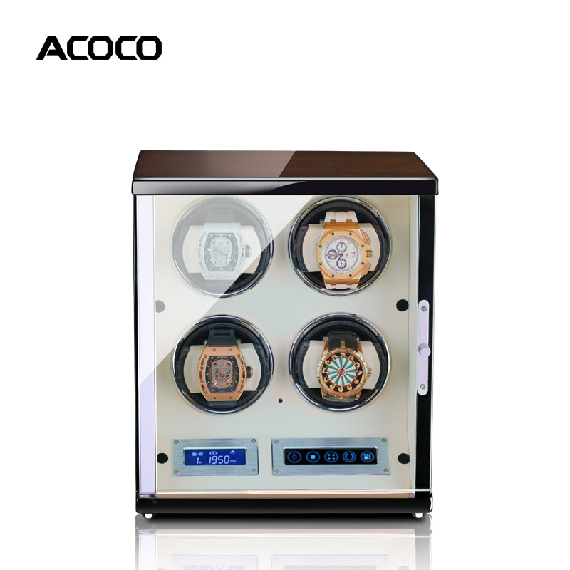 Acoco Ebony Walnut White 4 Watch Winder – Touch Control with Fingerprint Lock & LED Ambient Light