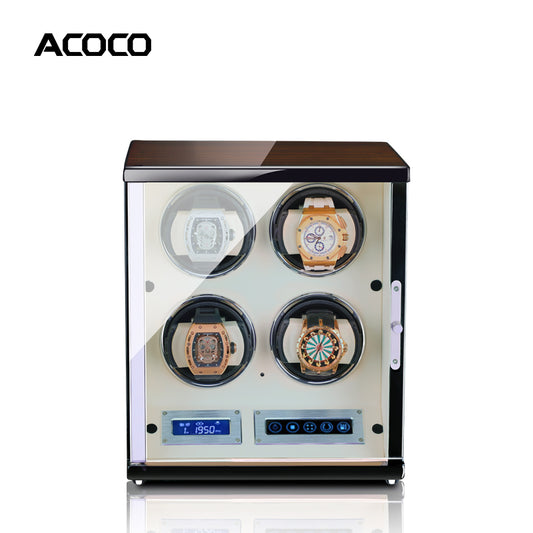 Acoco Ebony Walnut White 4 Watch Winder – Touch Control with Fingerprint Lock & LED Ambient Light