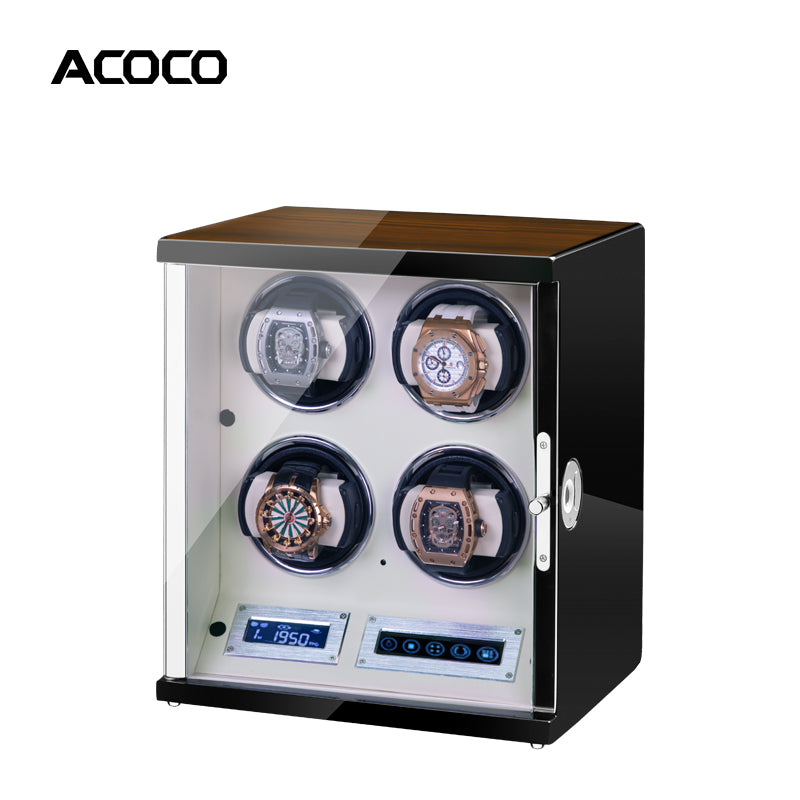 Acoco Ebony Walnut White 4 Watch Winder – Touch Control with Fingerprint Lock & LED Ambient Light