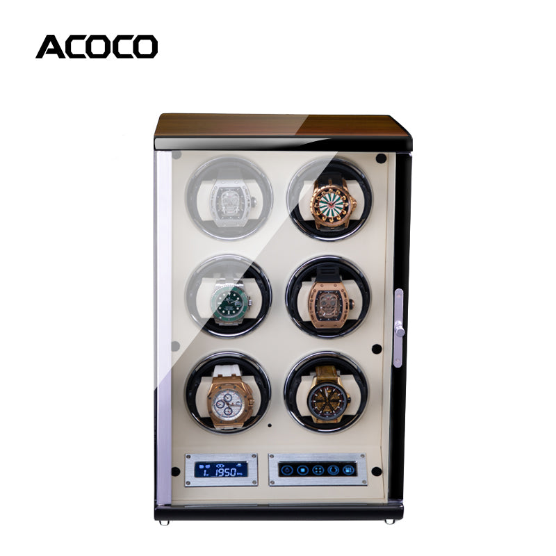 Acoco Ebony Walnut White 6 Watch Winder – Touch Control with Fingerprint Lock & LED Ambient Light