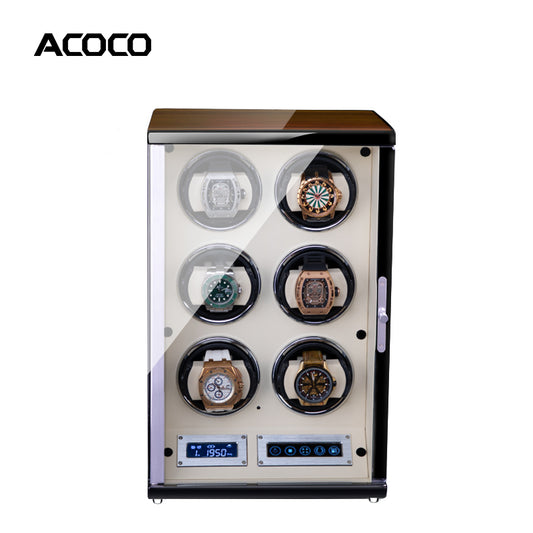 Acoco Ebony Walnut White 6 Watch Winder – Touch Control with Fingerprint Lock & LED Ambient Light