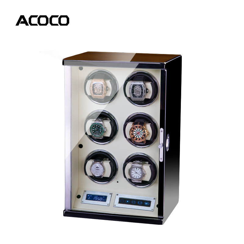 Acoco Ebony Walnut White 6 Watch Winder – Touch Control with Fingerprint Lock & LED Ambient Light