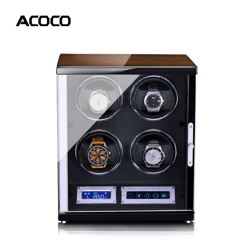 Acoco Ebony Walnut 4 Watch Winder – Touch Control with Fingerprint Lock & LED Ambient Light