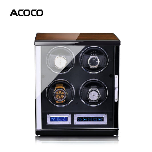 Acoco Ebony Walnut 4 Watch Winder – Touch Control with Fingerprint Lock & LED Ambient Light