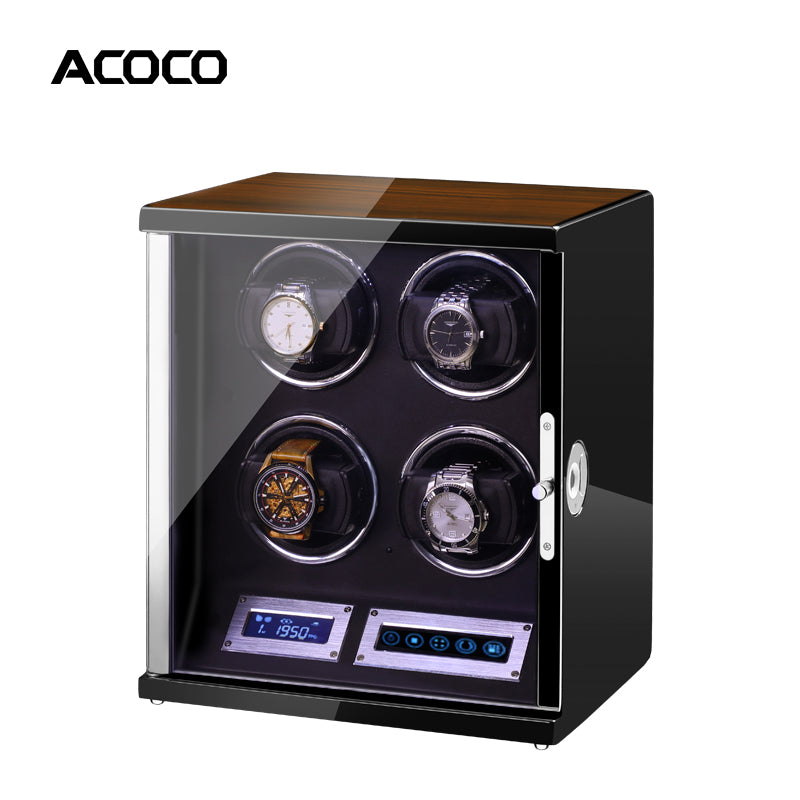 Acoco Ebony Walnut 4 Watch Winder – Touch Control with Fingerprint Lock & LED Ambient Light