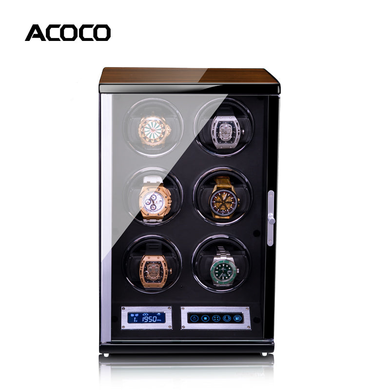 Acoco Ebony Walnut 6 Watch Winder – Touch Control with Fingerprint Lock & LED Ambient Light