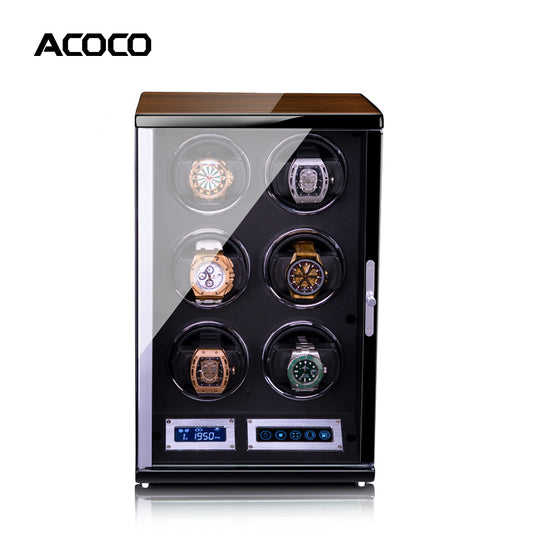 Acoco Ebony Walnut 6 Watch Winder – Touch Control with Fingerprint Lock & LED Ambient Light